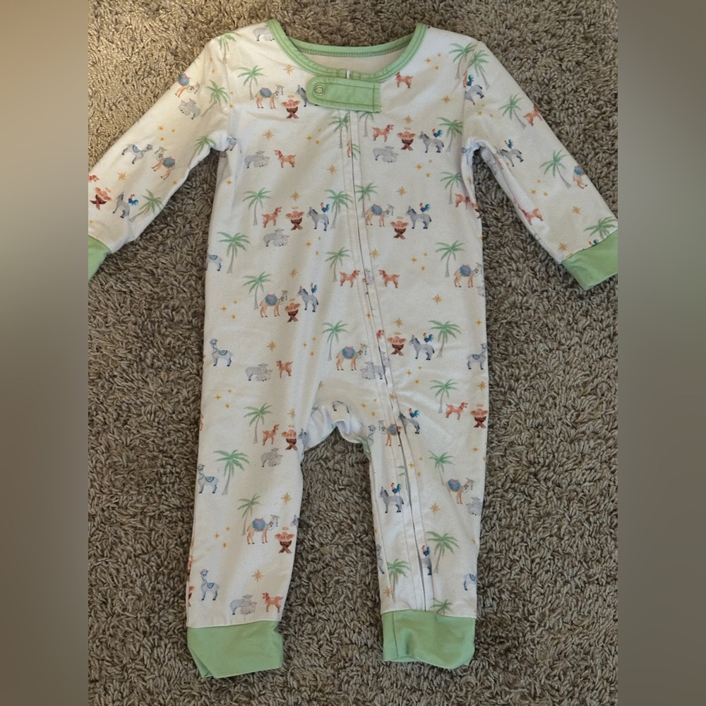 Kids Nativity Christmas Print Pajama Footies with Green Trim
